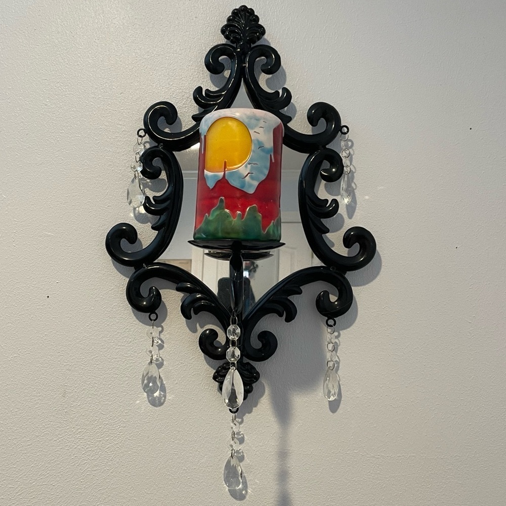 Black Mirrored Wall Sconce with Crystals & Southwestern Candle.